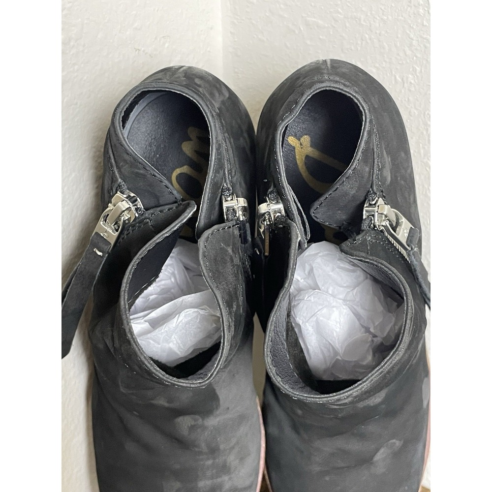 Sam Edelman Black Leather Ankle Boots 6 Boho Stacked Heel Zip Tassel Bootie - Picture 8 of 9